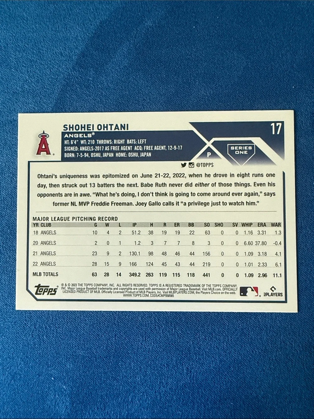 Topps Baseball Card Featuring Shohei Ohtani in Red & White